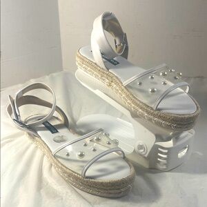 Karl Lagerfeld Paris Women’s White Adalina Espadrille Sandals with Pearl Details